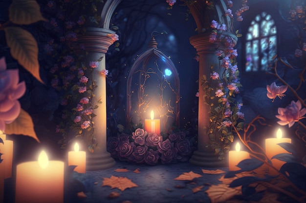 gentle mysterious fairy tale background with flowers and burning candles , creative ai