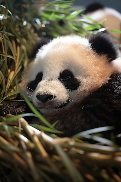 Gentle Panda Cub Napping in Bamboo