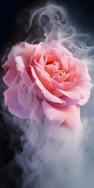 Фото Нежная розовая роза с рубашкой вокруг на темном фоне, сгенерированная ии