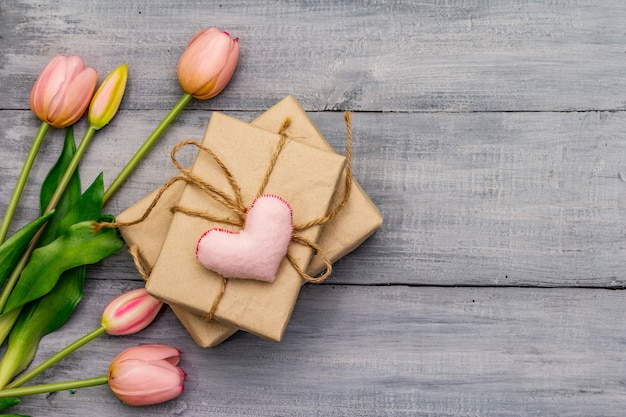 Gentle pink tulips, handmade felt heart