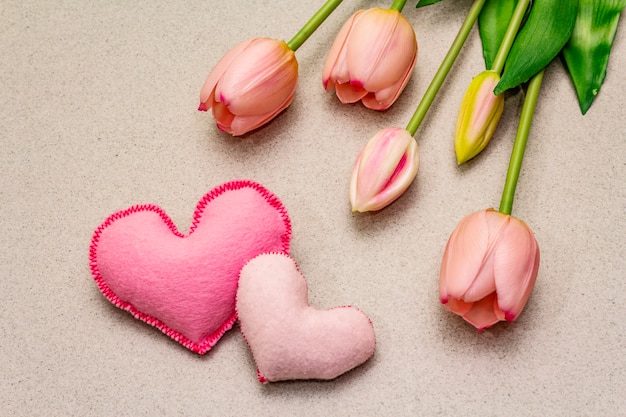 Gentle pink tulips, handmade felt hearts