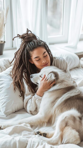 Gentle repose with a furry friend a woman with dreadlocks enjoying a serene nap with her loyal dog