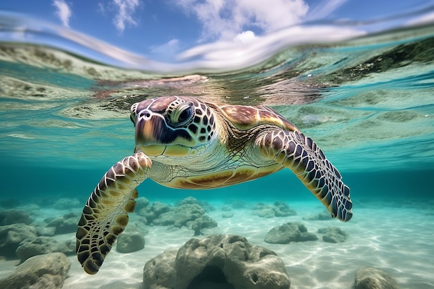 Gentle sea turtle gliding through crystal clear waters