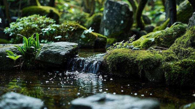Photo the gentle sound of water trickling in a serene zen garden