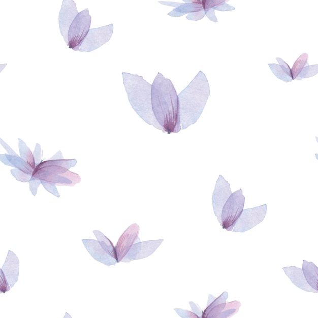 Gentle spring background, violet flowers pattern. Watercolor violet flowers, hand-drawn, isolated on white background. Seamless backdrop.