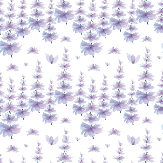 Gentle spring background, violet flowers pattern. Watercolor violet flowers, hand-drawn, isolated on white background. Seamless backdrop.