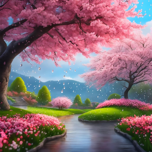 a gentle spring rain shower in a blossoming cherry blossom garden capture the beauty of the falling