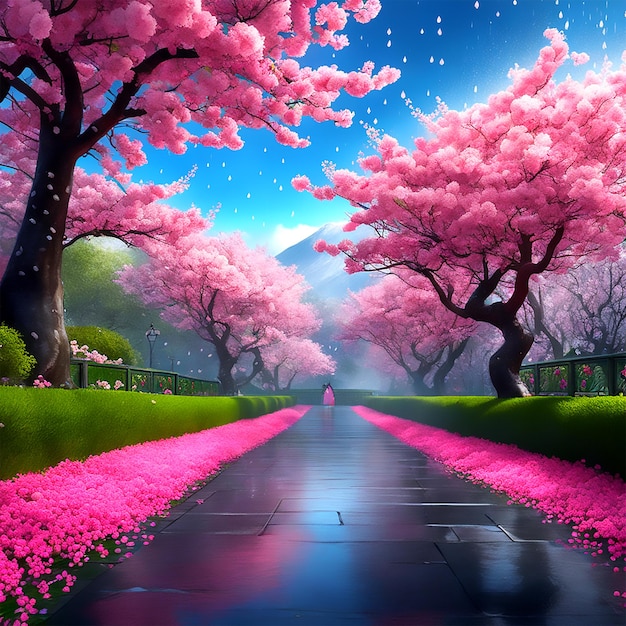 満開の桜の庭園に穏やかな春の雨が降る美しさを捉えます