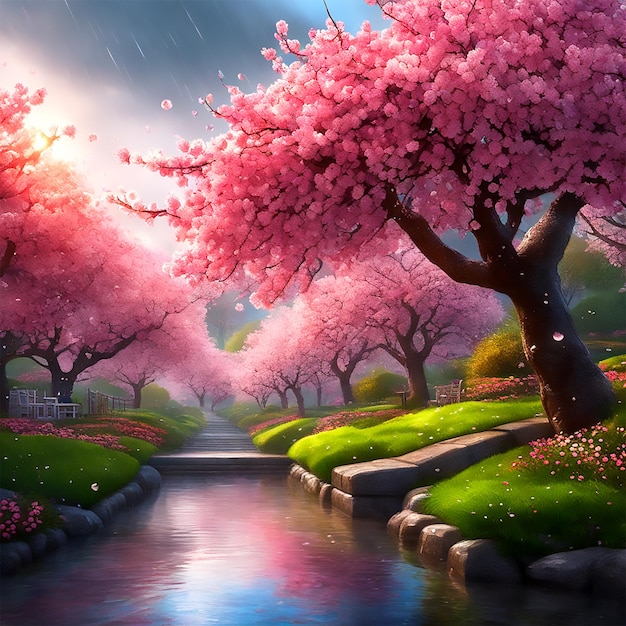 a gentle spring rain shower in a blossoming cherry blossom garden capture the beauty of the falling