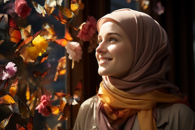 은은한 햇살 아래 히잡을 쓴 여인의 모습이 밝고 행복한 기운을 풍긴다
