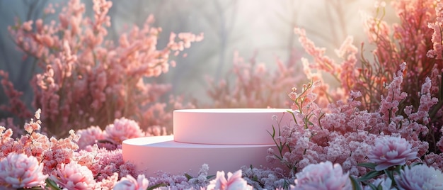 ピンクのポディウムで柔らかい日没のシーン開花したピオニーに囲まれて柔らかな