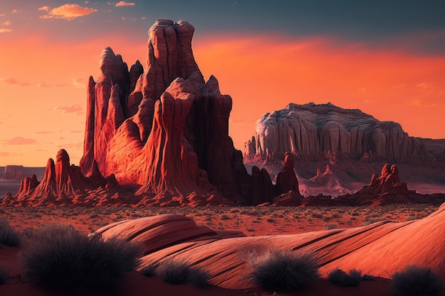 ジェネレーティブ AI で作成された夕焼けの空を背景にそびえ立つ穏やかな赤い岩層