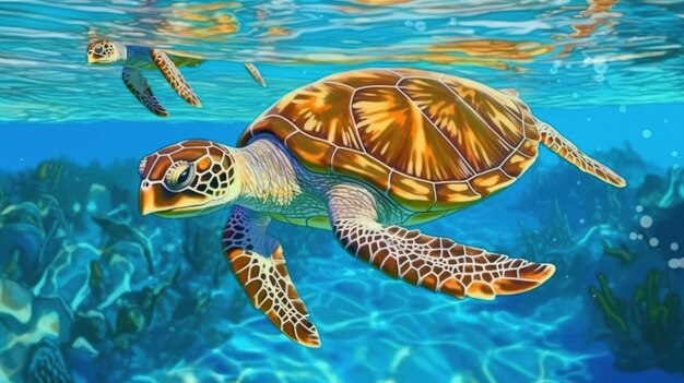 Gentle turtles swimming in the ocean Fantasy concept Illustration painting