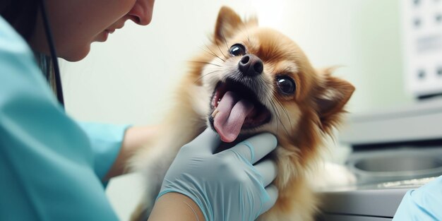Photo gentle veterinarian checking teeth
