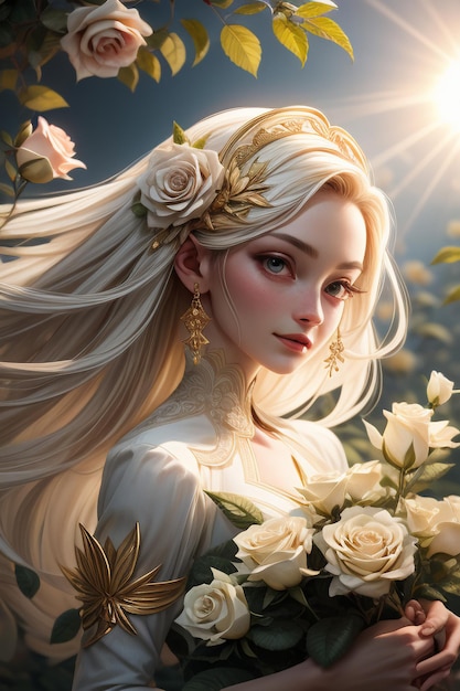 Нежная молодая девушка с длинными волосами прекрасна, как роза, и очаровательна.