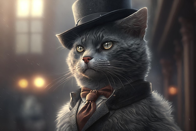 Джентльмен-кот и босс в шляпе, костюме и галстуке, сгенерированные ИИ