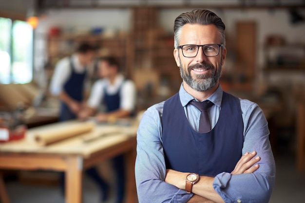 Foto un artigiano gentiluomo incrocia le braccia posando sorridente