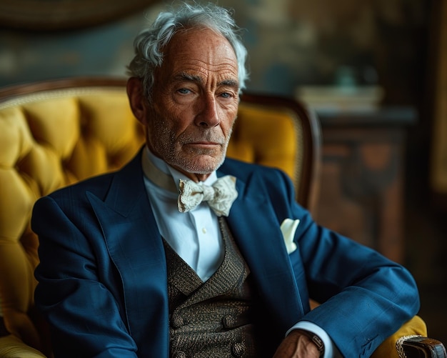 A gentleman in a fancy suit sitting on a yellow chair diverse active seniors pictures