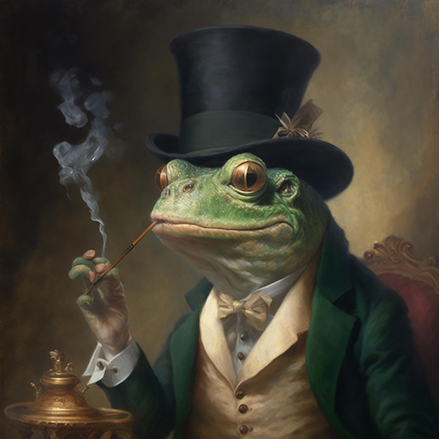 Gentleman frog hat smoking doing tuxedo painting wallpaper picture AI generated art