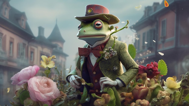 Gentleman Frog in the style of floral surrealism