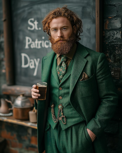 Photo gentleman holding beer glass in traditional irish pub on st patricks day pub celebration concept