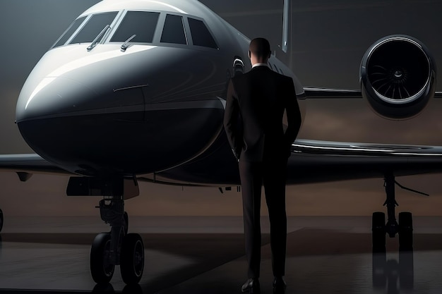 A gentleman is business suit is standing in front of the private jet Generative ai