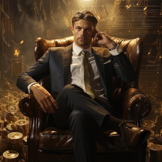 Foto un gentiluomo si appoggia con facilità su un trono di lingotti d'oro che incarna prosperità e trionfo finanziario
