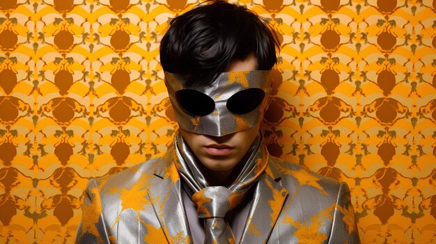 Gentleman with blindfold and black orange suit on luxury orange background