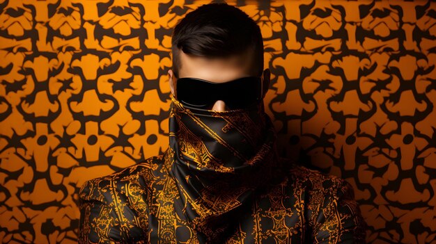 Gentleman with blindfold and black orange suit on luxury orange background