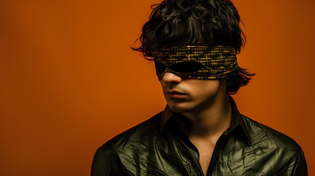 gentleman with blindfold and green suit on luxury orange background