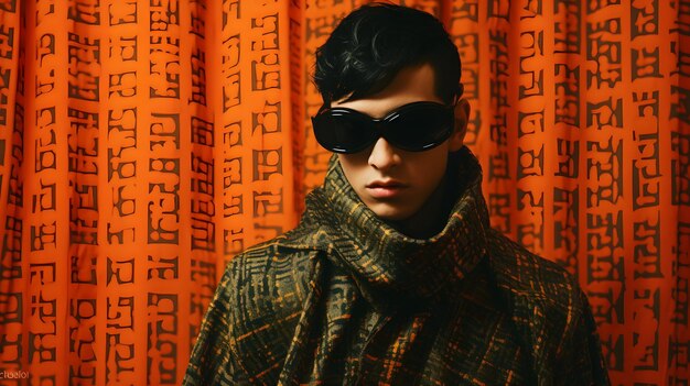 Photo gentleman with blindfold and green suit on luxury orange background