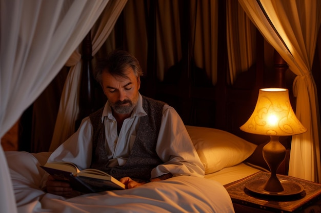 Photo gentleman with book in a canopy bed dim bedside lamp lit