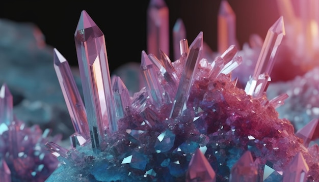Gently pink and blue crystals closeup