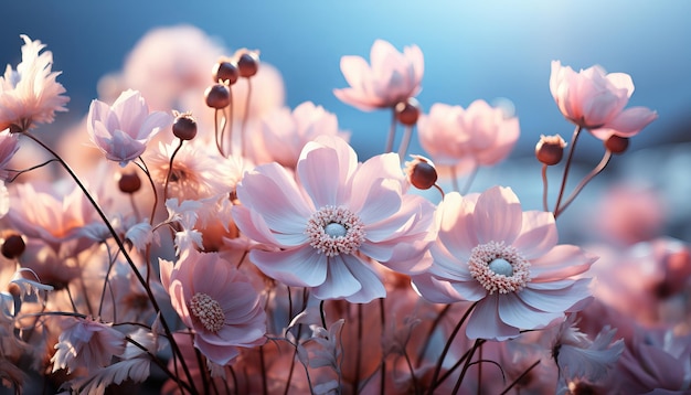 Gently pink flowers of anemones outdoors in summer spring close up on turquoise background