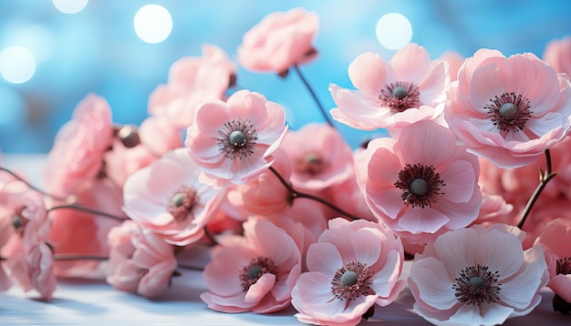 Gently pink flowers of anemones outdoors in summer spring close up on turquoise background