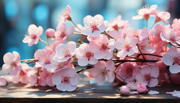 夏春の屋外のアネモネの優しいピンクの花がターコイズブルーの背景にクローズアップ