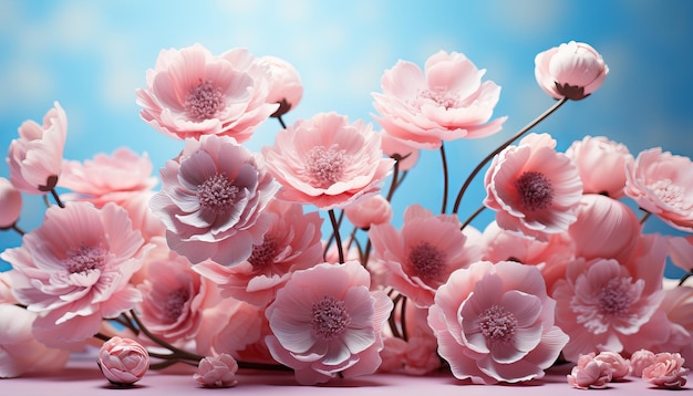 Gently pink flowers of anemones outdoors in summer spring close up on turquoise background