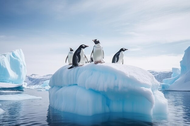 Gentoo penguin band is on the ice against the backdrop of icebergs