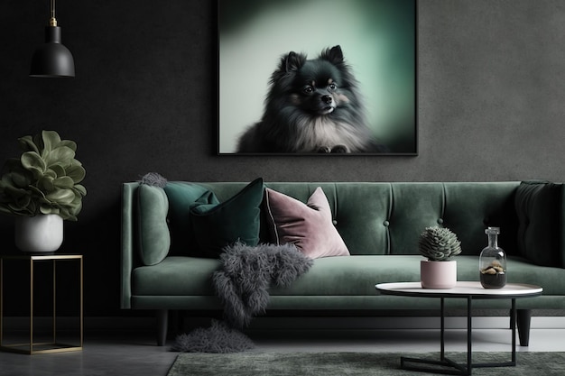 A genuine image of a tiny black Spitz dog lounging on a green sofa next to a coffee table