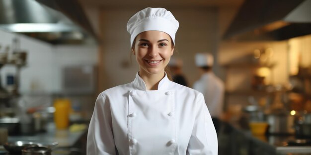 The genuine smile of a female chef mirrors culinary satisfaction