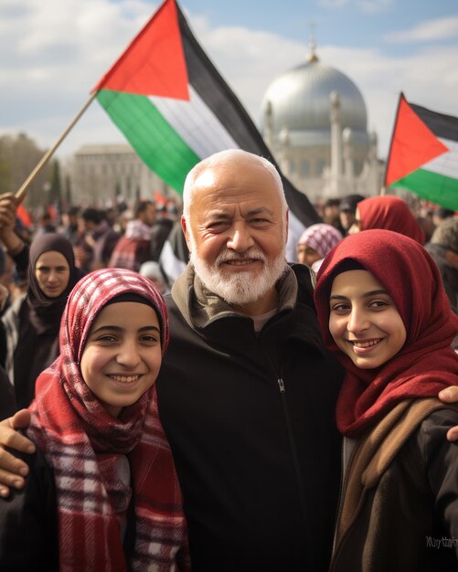 Foto sorrisi sinceri la famiglia palestinese celebra insieme fuori dalla moschea di al-aqsa