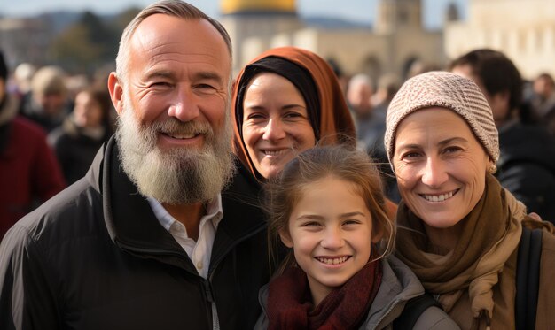 Foto sorrisi sinceri la famiglia palestinese celebra insieme fuori dalla moschea di al-aqsa