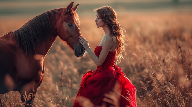 写真 本物の女性と田舎の馬