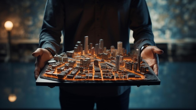 Geofencing technology Miniature city model with person standing in the middle holding device in hand