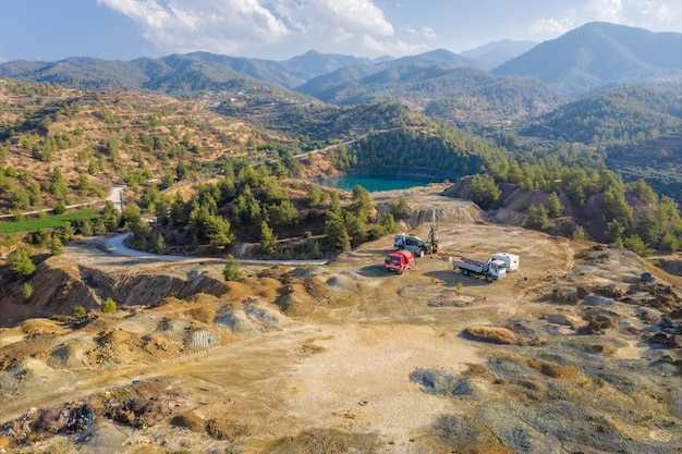 Geological exploration of abandoned copper mine Drilling machinery in Xyliatos area Cyprus