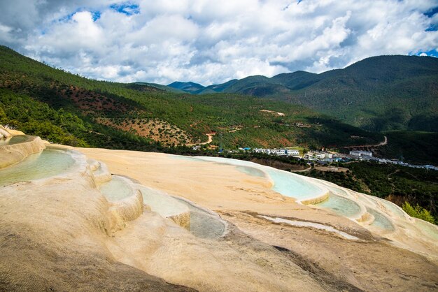 Geological formation The White Water Terraces Baishui Tableland are one of the largest sinter terraces in China in Shangrila County in Yunnan province