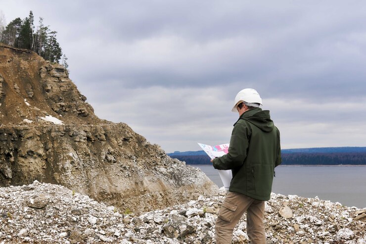 Geologist with a map near the rocky river bank