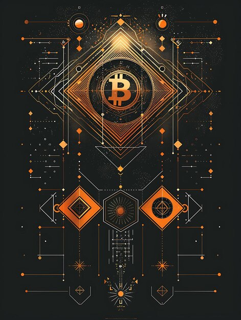 Photo geometric 2d poster with bitcoin and hexagon decoration with photo of trending poster background