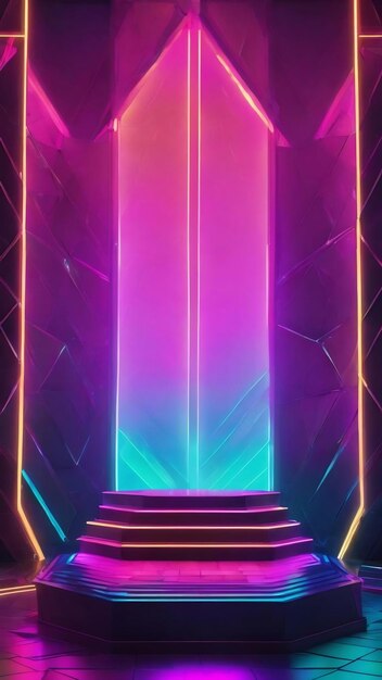 Geometric background with polygonal structure podium show products colored neon lights retro sci fi