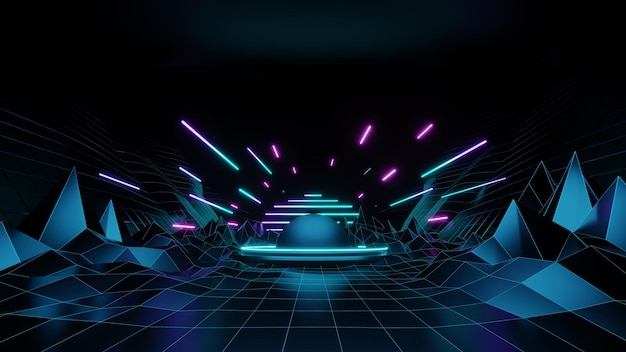 Geometric background with polygonal structure Podium show products colored neon lights retro scifi